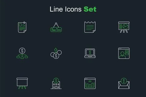 Set line Envelope, Browser with stocks market, Bank building, Chalkboard, V.. Ilustración de archivo