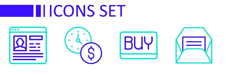 Set line Envelope, Buy button, Time is money and Resume icon. Vector Illustrazione stock