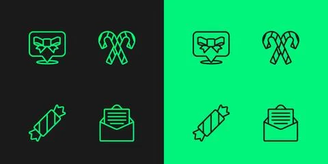 Set line Envelope, Candy, Gift bow and cane with stripes icon. Vector 스톡 일러스트