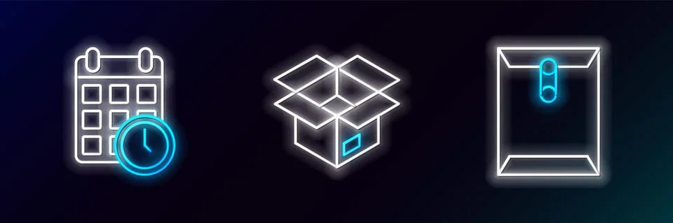 Set line Envelope, Cardboard box with calendar and Unboxing icon. Glowing neon Stock Illustration