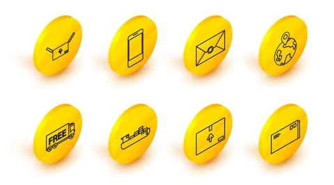 Set line Envelope, Cardboard box with traffic symbol, Cargo ship boxes delive 库存插图