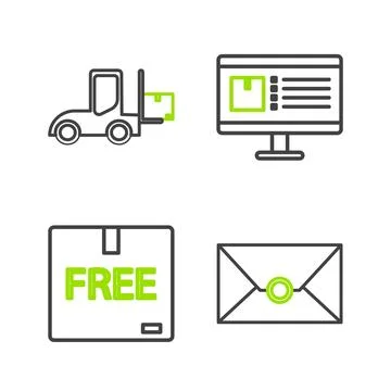 Set line Envelope, Cardboard box with free symbol, Computer monitor app del.. Stock-Illustration
