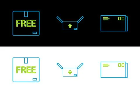 Set line Envelope, Cardboard box with free symbol and traffic icon. Vector Illustrazione stock