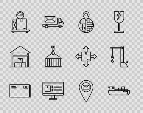 Set line Envelope Cargo ship with boxes delivery service Computer monitor app Illustrazione stock