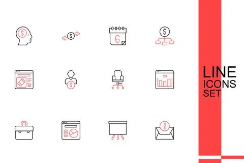Set line Envelope, Chalkboard, Pie chart infographic, Briefcase, Browser wi.. Stock-Illustration
