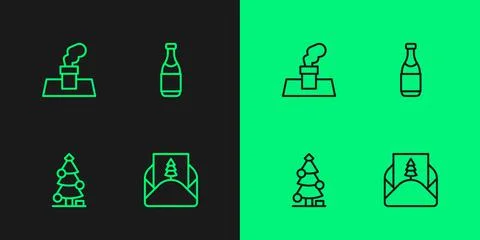 Set line Envelope, Christmas tree, chimney and Champagne bottle icon. Vector Illustrazione stock
