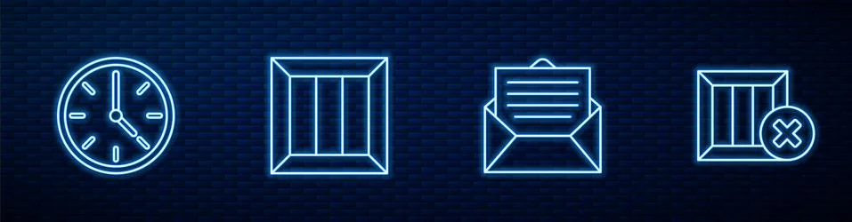 Set line Envelope, Clock, Wooden box and and delete. Glowing neon icon on brick Stock Illustration