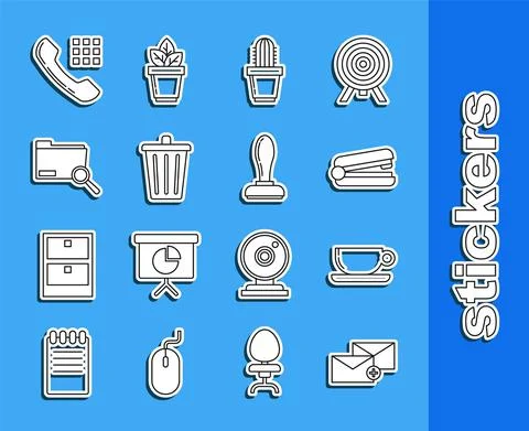 Set line Envelope, Coffee cup flat, Office stapler, Cactus and succulent in pot Stock Illustration