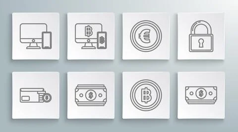Set line Envelope with coin dollar symbol, Computer monitor mobile phone and Illustrazione stock