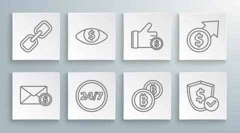 Set line Envelope with coin dollar, Eye, Clock 24 hours, Cryptocurrency Bit.. Stock Illustration