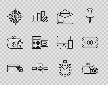 Set line Envelope with coin dollar symbol, Wallet coins, Business hierarchy.. イラスト素材