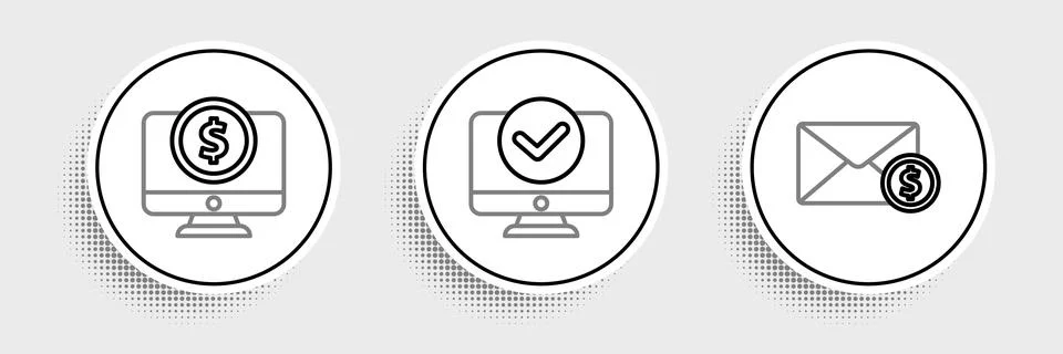 Set line Envelope with coin dollar, Computer monitor and  icon. Vector Illustrazione stock