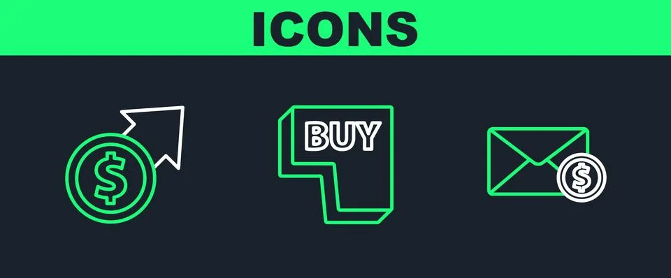 Set line Envelope with coin dollar, Financial growth and and Buy button ico.. Stock Illustration