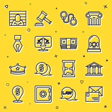 Set line Envelope, Courthouse building, Flasher siren, Handcuffs, Scales of j Ilustración de archivo