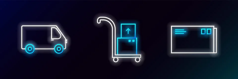 Set line Envelope, Delivery cargo truck vehicle and Hand and boxes icon. Glowing Stock Illustration