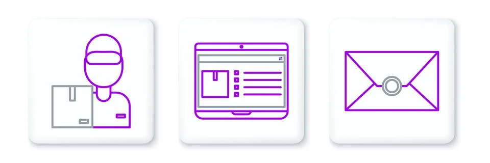 Set line Envelope, Delivery man with cardboard boxes and Laptop app delivery Illustrazione stock