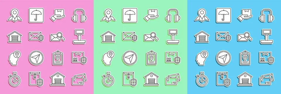 Set line Envelope, Delivery pack security with shield, Scale, hand boxes Stockillustratie