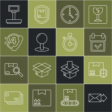 Set line Envelope, Delivery pack security with shield, Calendar check mark, Fast Stock Illustration