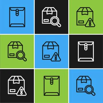 Set line Envelope, Delivery security with shield and Search package icon. Vector Stock Illustration