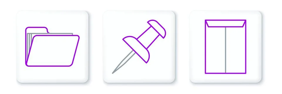 Set line Envelope, Document folder and Push pin icon. Vector Illustrazione stock