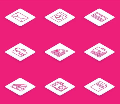 Set line Envelope, Document with graph chart, Stacks paper money cash, Briefcase Stock Illustration