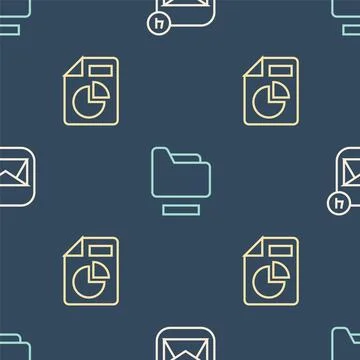 Set line Envelope Document with graph chart and folder on seamless pattern. V Stock Illustration