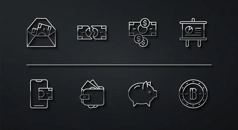 Set line Envelope with dollar symbol, Mobile banking, Chalkboard diagram, Piggy Illustrazione stock
