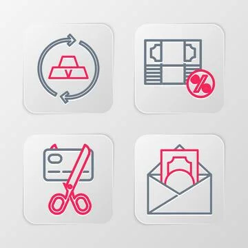 Set line Envelope with dollar symbol, Scissors cutting credit card, Money p.. Stock Illustration