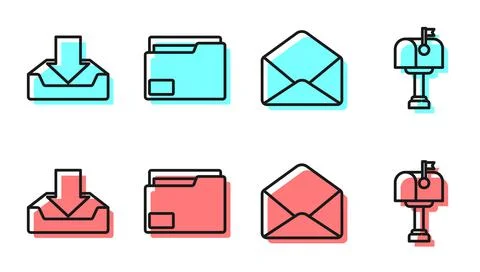 Set line Envelope, Download inbox, Document folder and Mail box icon. Vector Illustrazione stock