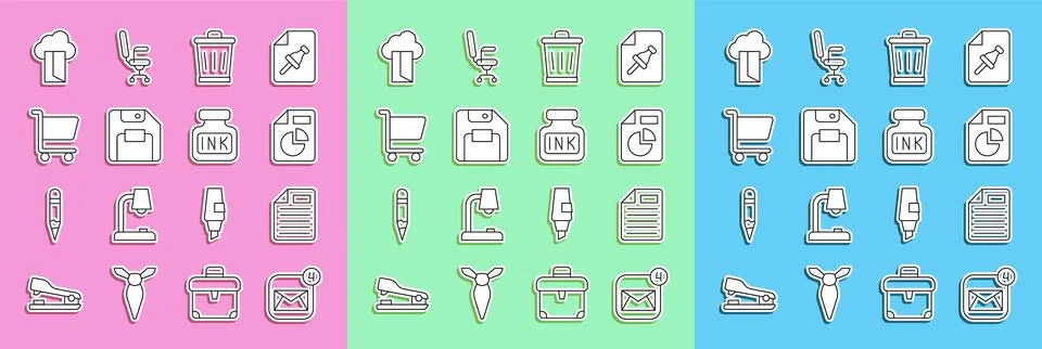 Set line Envelope, File document, Document with graph chart, Trash can, Floppy Illustrazione stock