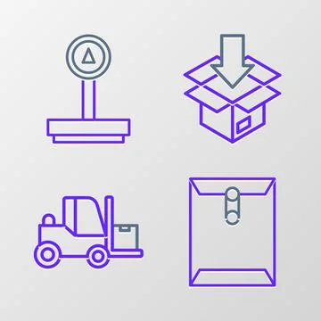 Set line Envelope, Forklift truck, Carton cardboard box and Scale icon. Vector Stockillustratie
