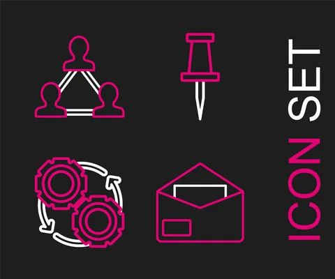 Set line Envelope, Gear and arrows as workflow process concept, Push pin and Stock Illustration