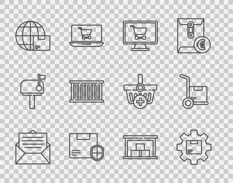 Set line Envelope, Gear wheel with package box, Shopping cart on computer, .. Ilustración de archivo