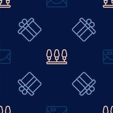 Set line Envelope, Gift box and Christmas lights on seamless pattern. Vector Stock Illustration