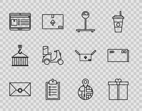 Set line Envelope, Gift box, Scale, Verification of delivery list clipboard Stock Illustration