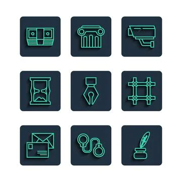 Set line Envelope, Handcuffs, Feather inkwell, Security camera, Fountain pe.. イラスト素材