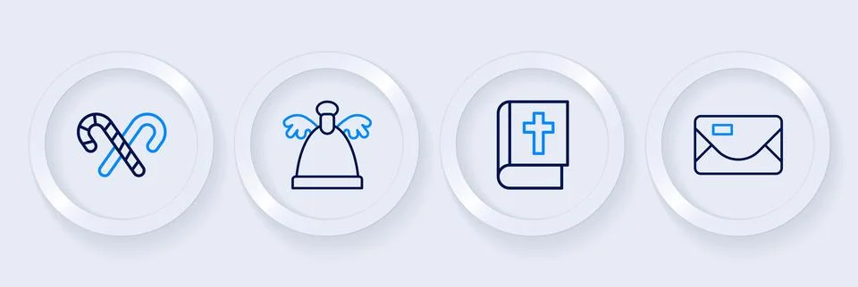 Set line Envelope, Holy bible book, Angel and Candy cane with stripes icon... Stock Illustration