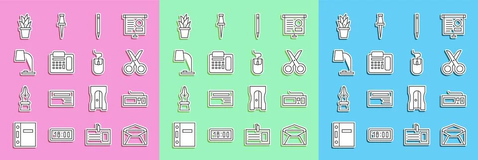 Set line Envelope, Keyboard, Scissors, Pencil with eraser, Telephone, Table lamp Stock Illustration