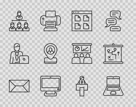 Set line Envelope Laptop Browser files Computer monitor Hierarchy organogram  Stockillustratie