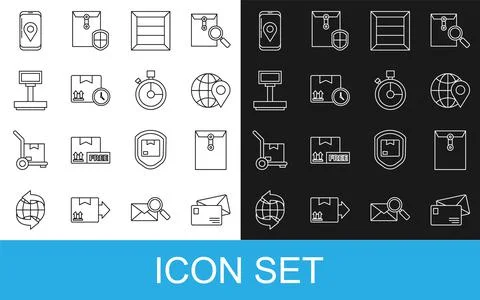 Set line Envelope, Location on the globe, Wooden box, Cardboard and fast time Illustrazione stock