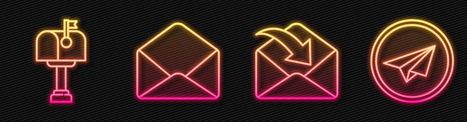 Set line Envelope, Mail box, Envelope and Paper plane. Glowing neon icon. Vector Stock Illustration