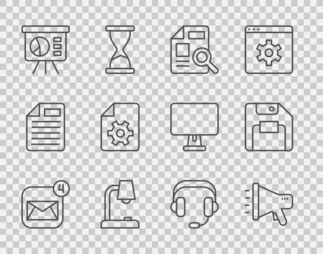 Set line Envelope, Megaphone, Document with graph chart, Table lamp, Board,.. Stock Illustration