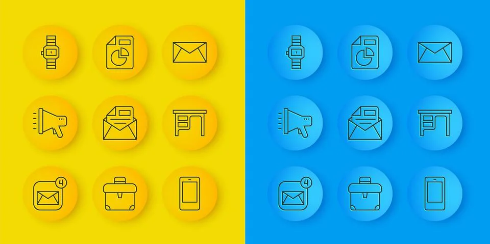 Set line Envelope, Megaphone, Mail and e-mail, Mobile, Office desk, Wrist watch 库存插图
