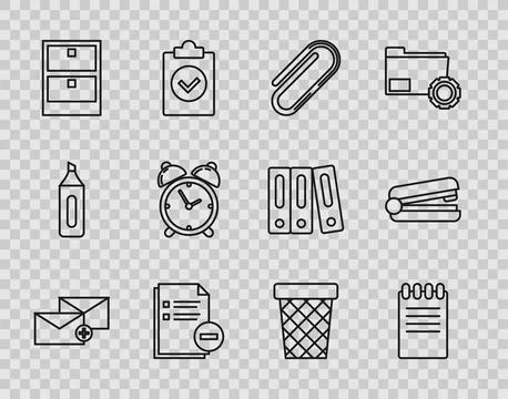 Set line Envelope, Notebook, Paper clip, Document with minus, Archive papers Stock Illustration