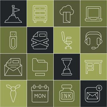 Set line Envelope, Office desk, Headphones, Cloud database, Delete file document 스톡 일러스트