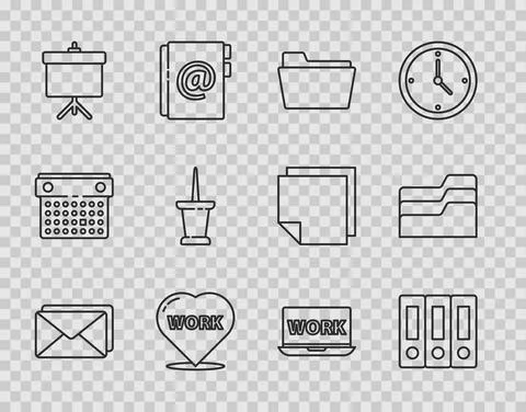 Set line Envelope, Office folders, Document, Heart with text work, Chalkboard Stock Illustration