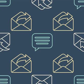 Set line Envelope, Outgoing mail and Speech bubble chat on seamless pattern Stock Illustration