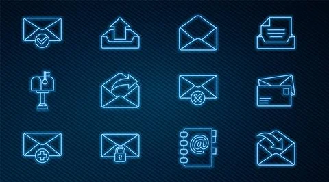 Set line Envelope, Outgoing mail, Mail box, and check mark, Delete envelope and Stock Illustration