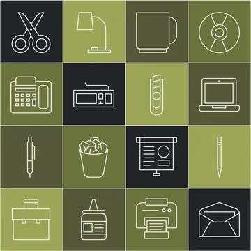 Set line Envelope, Pencil with eraser, Laptop, Coffee cup, Keyboard, Telephone Stock Illustration