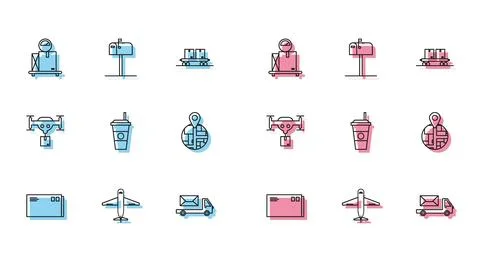 Set line Envelope, Plane, Scale with cardboard box, Post truck, Coffee cup Stock Illustration